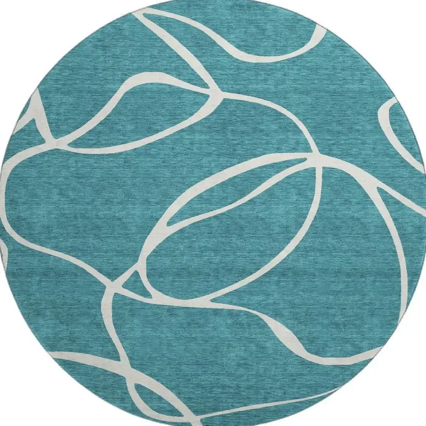 8' Teal And Ivory Abstract Washable Round Rug With UV Protection Photo 3