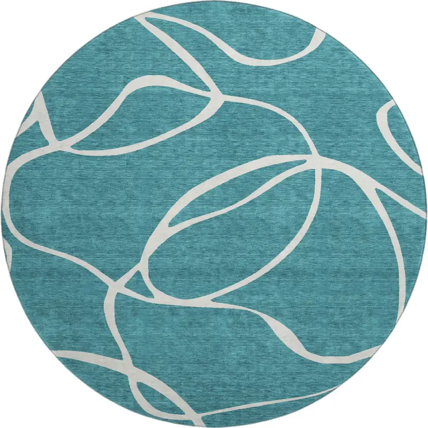 8' Teal And Ivory Abstract Washable Round Rug With UV Protection Photo 1