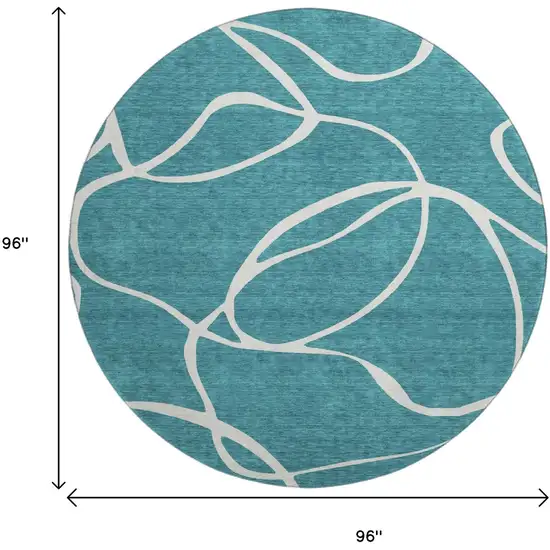 8' Teal And Ivory Abstract Washable Round Rug With UV Protection Photo 9