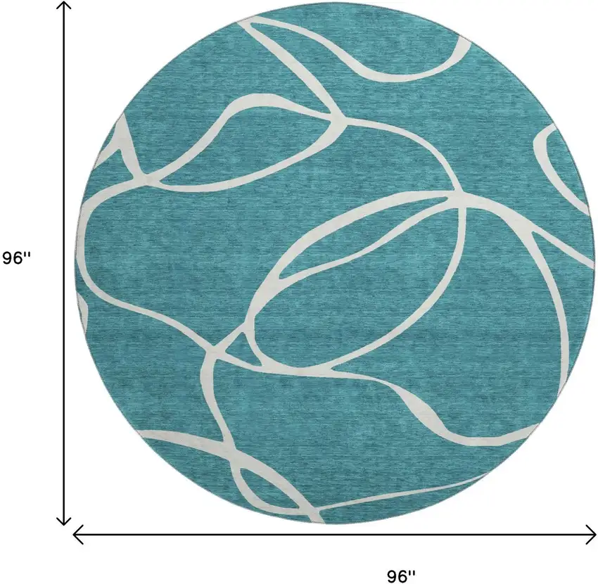 8' Teal And Ivory Abstract Washable Round Rug With UV Protection Photo 9