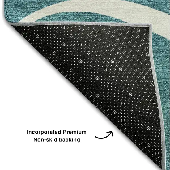 8' Teal And Ivory Abstract Washable Round Rug With UV Protection Photo 5