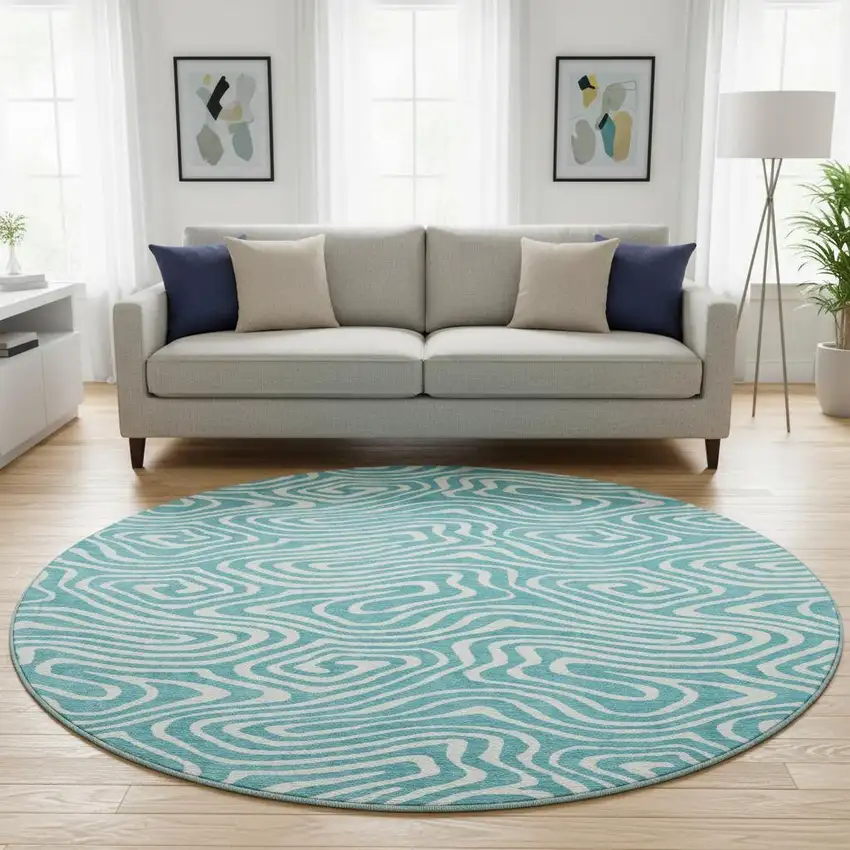 8' Teal And Ivory Abstract Washable Round Rug With UV Protection Photo 2