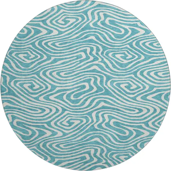 8' Teal And Ivory Abstract Washable Round Rug With UV Protection Photo 1