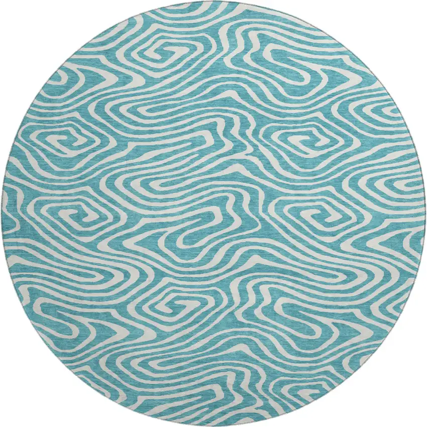 8' Teal And Ivory Abstract Washable Round Rug With UV Protection Photo 1