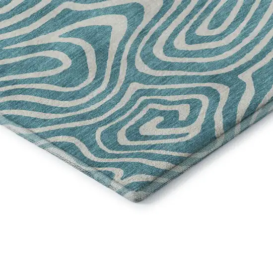 8' Teal And Ivory Abstract Washable Round Rug With UV Protection Photo 6