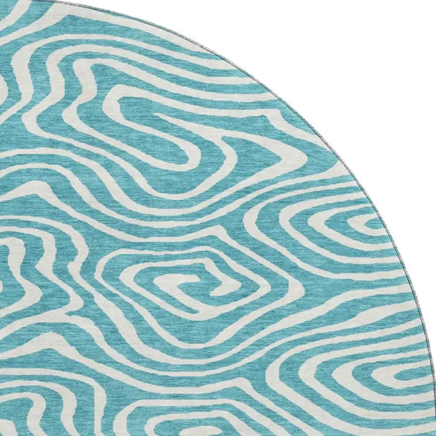 8' Teal And Ivory Abstract Washable Round Rug With UV Protection Photo 3