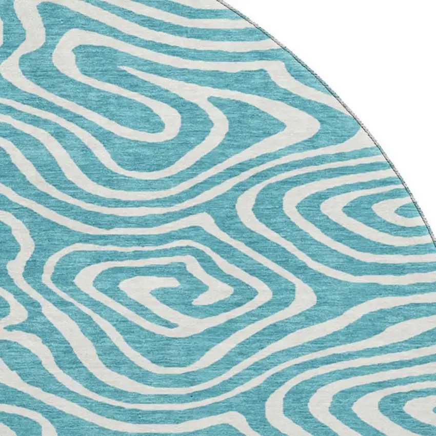 8' Teal And Ivory Abstract Washable Round Rug With UV Protection Photo 2