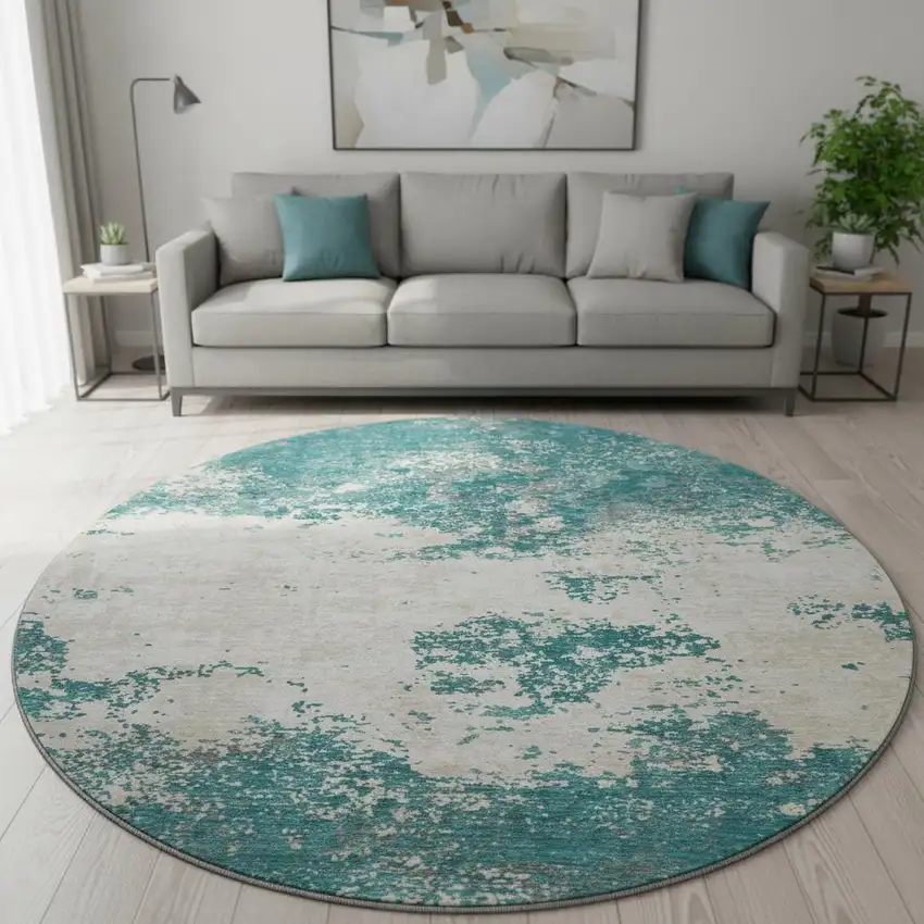 8' Teal And Ivory Abstract Washable Round Rug With UV Protection Photo 2