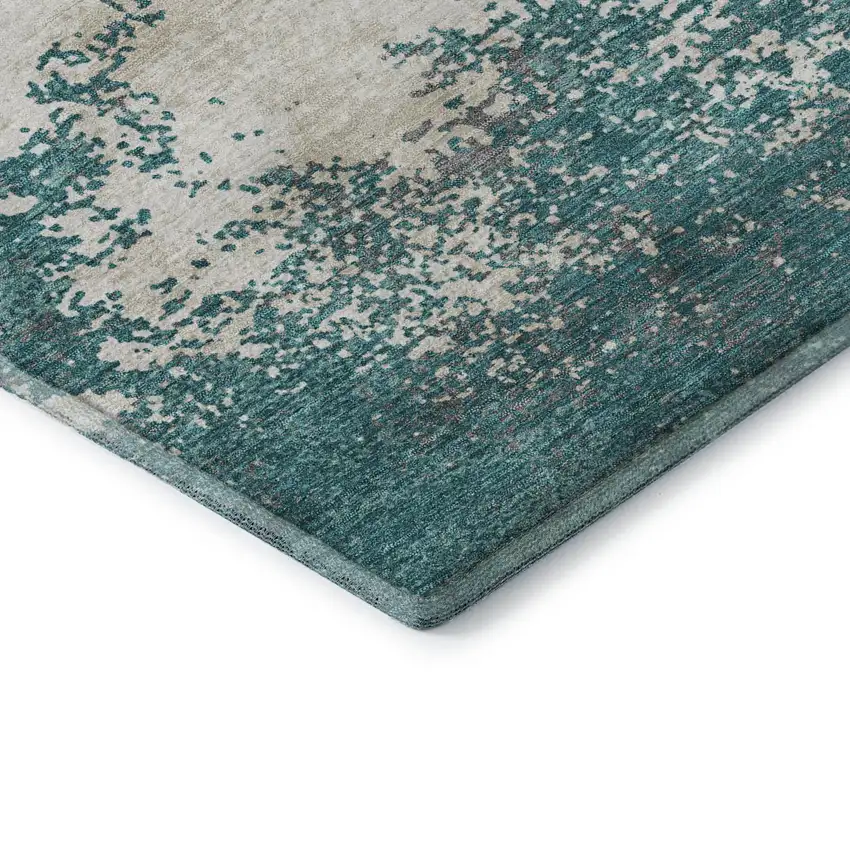 8' Teal And Ivory Abstract Washable Round Rug With UV Protection Photo 6