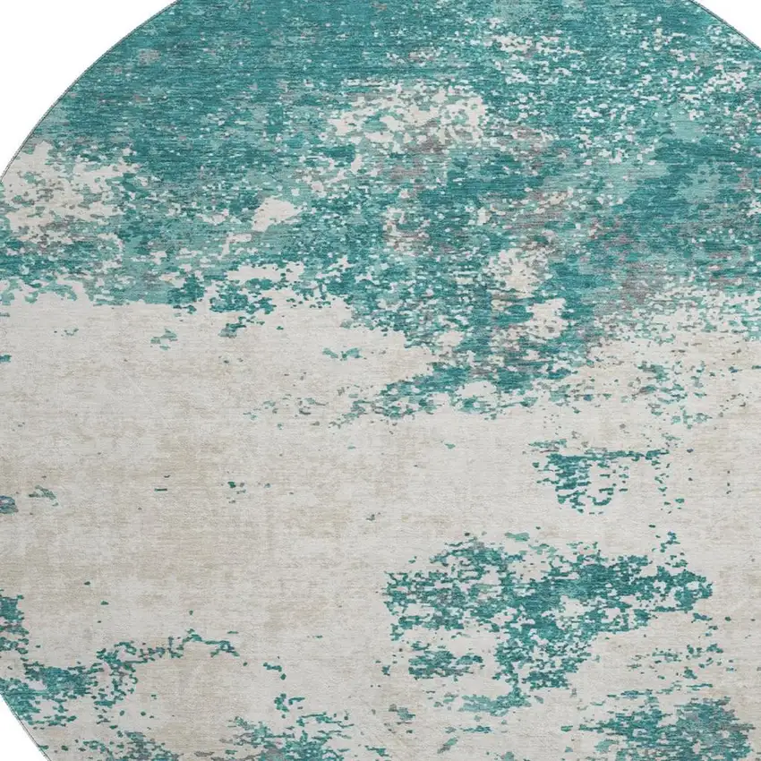 8' Teal And Ivory Abstract Washable Round Rug With UV Protection Photo 2