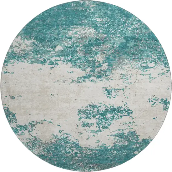 8' Teal And Ivory Abstract Washable Round Rug With UV Protection Photo 1