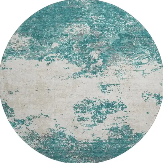 8' Teal And Ivory Abstract Washable Round Rug With UV Protection Photo 3