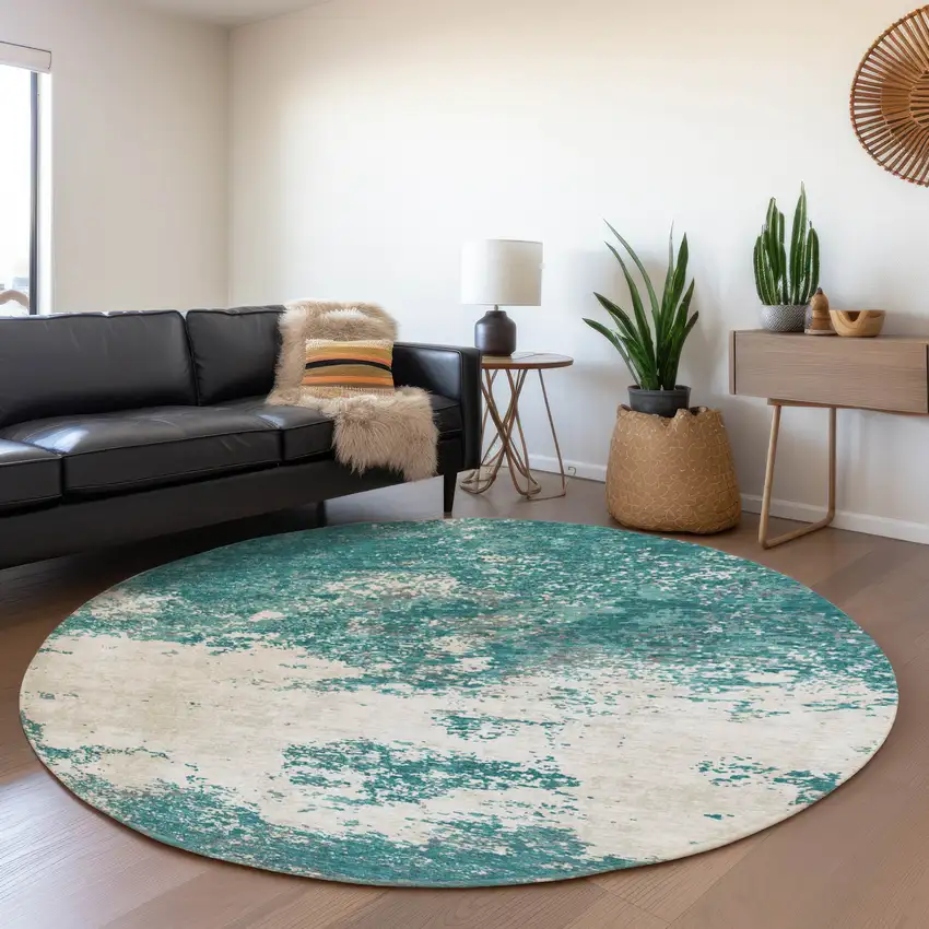 8' Teal And Ivory Abstract Washable Round Rug With UV Protection Photo 4