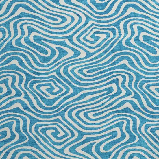 8' Teal And Ivory Abstract Washable Round Rug With UV Protection Photo 2