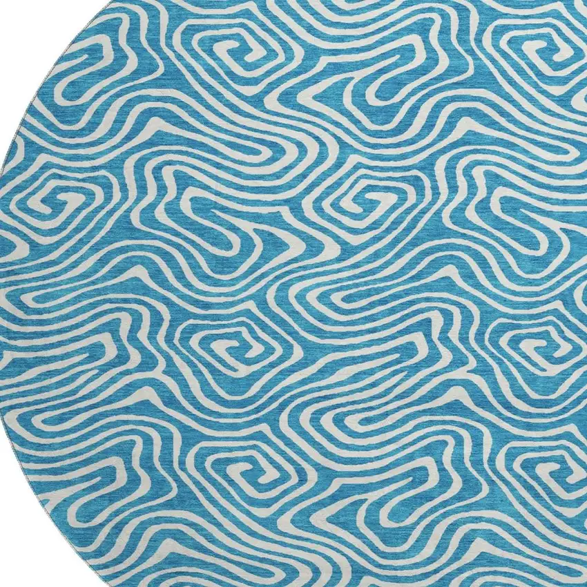 8' Teal And Ivory Abstract Washable Round Rug With UV Protection Photo 3