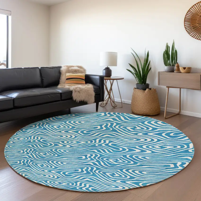 8' Teal And Ivory Abstract Washable Round Rug With UV Protection Photo 4