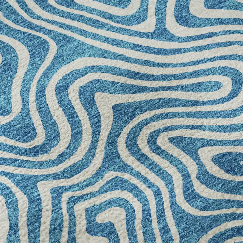 8' Teal And Ivory Abstract Washable Round Rug With UV Protection Photo 8