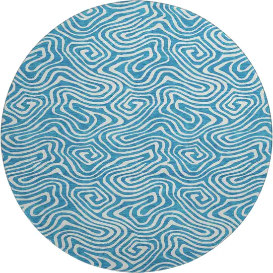 8' Teal And Ivory Abstract Washable Round Rug With UV Protection Photo 1