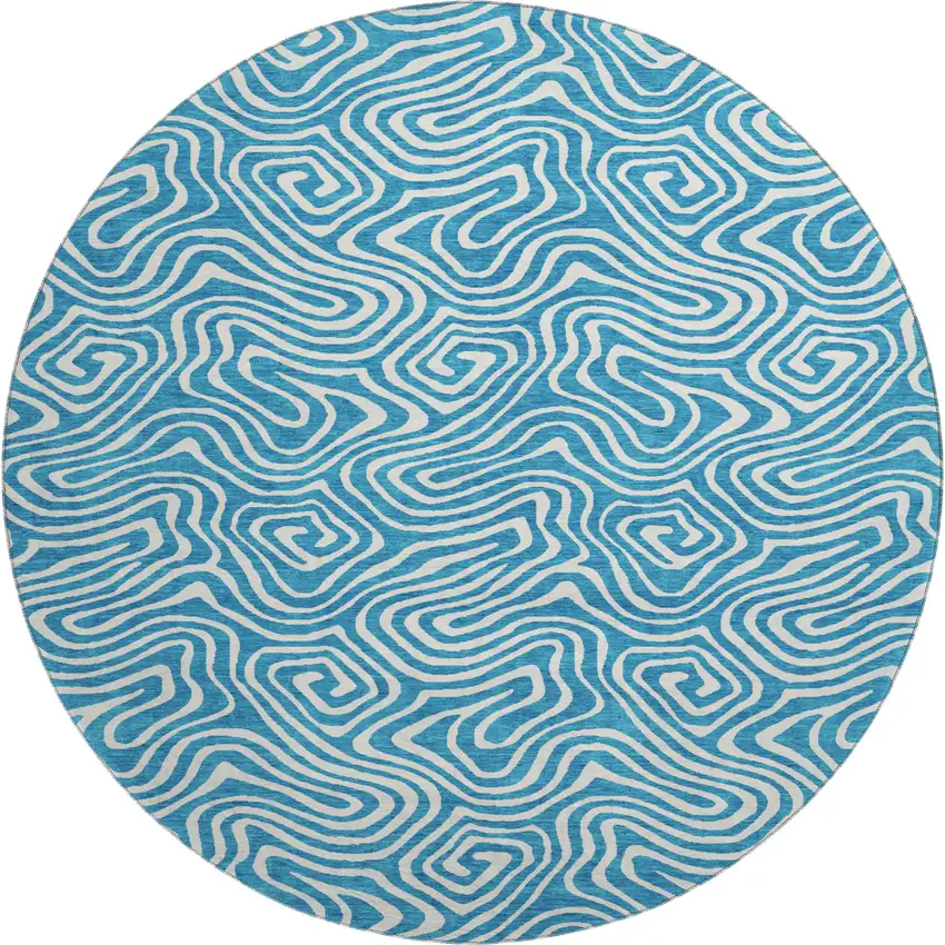 8' Teal And Ivory Abstract Washable Round Rug With UV Protection Photo 1