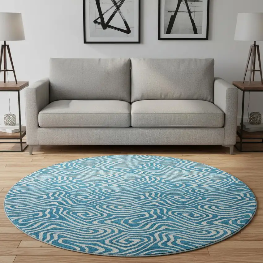 8' Teal And Ivory Abstract Washable Round Rug With UV Protection Photo 2