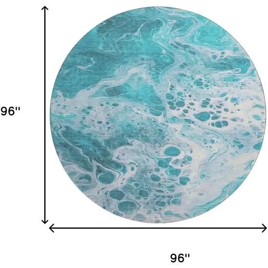 8' Teal And Ivory Abstract Washable Round Rug With UV Protection Photo 9