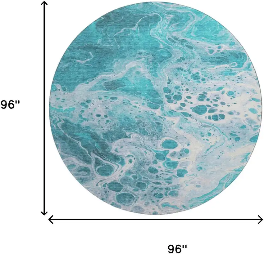 8' Teal And Ivory Abstract Washable Round Rug With UV Protection Photo 9