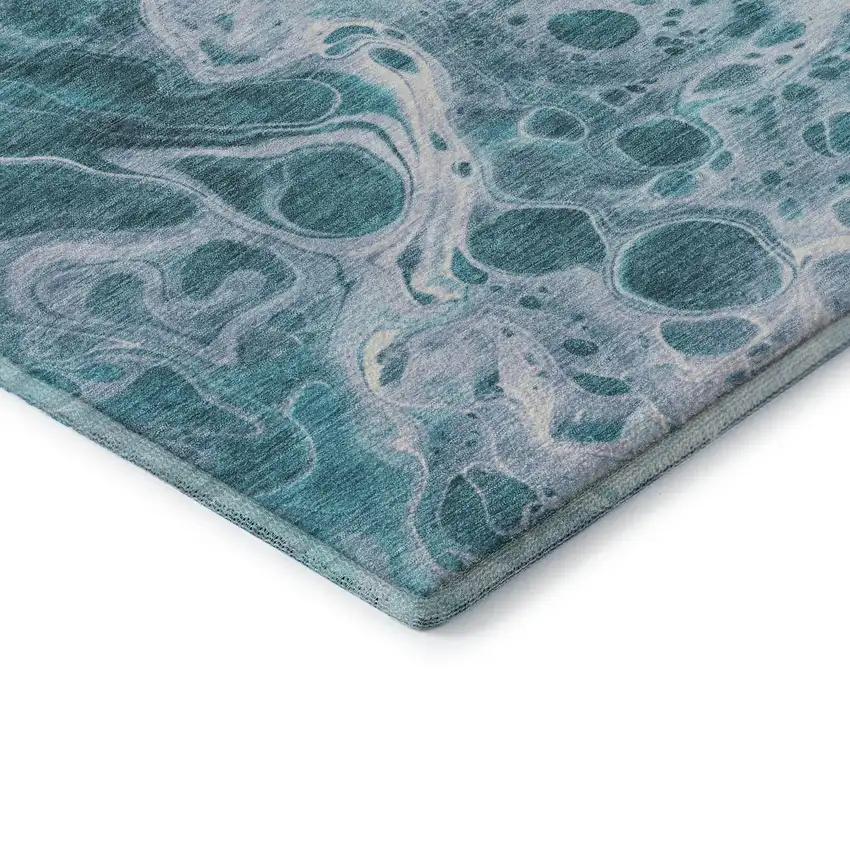 8' Teal And Ivory Abstract Washable Round Rug With UV Protection Photo 6