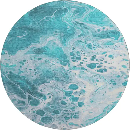 8' Teal And Ivory Abstract Washable Round Rug With UV Protection Photo 1