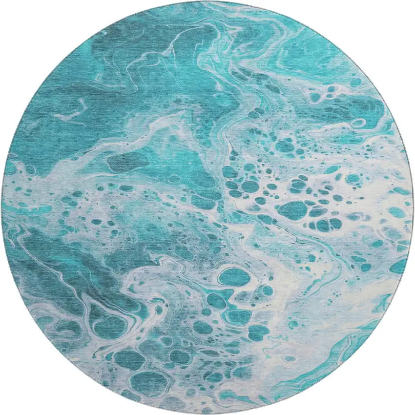 8' Teal And Ivory Abstract Washable Round Rug With UV Protection Photo 1