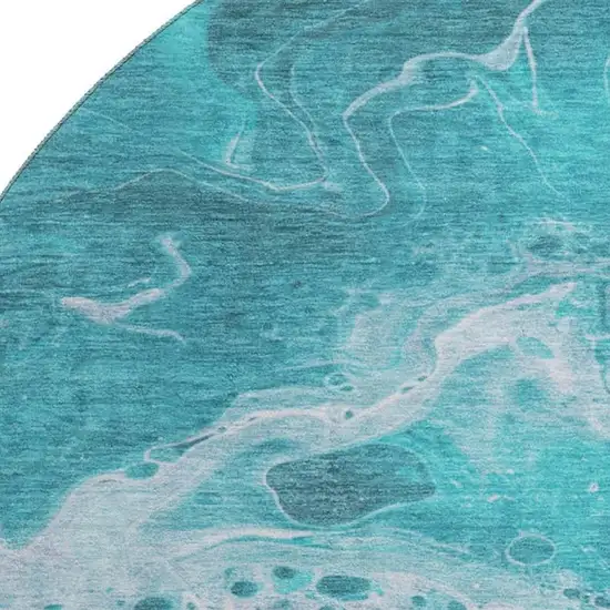8' Teal And Ivory Abstract Washable Round Rug With UV Protection Photo 2