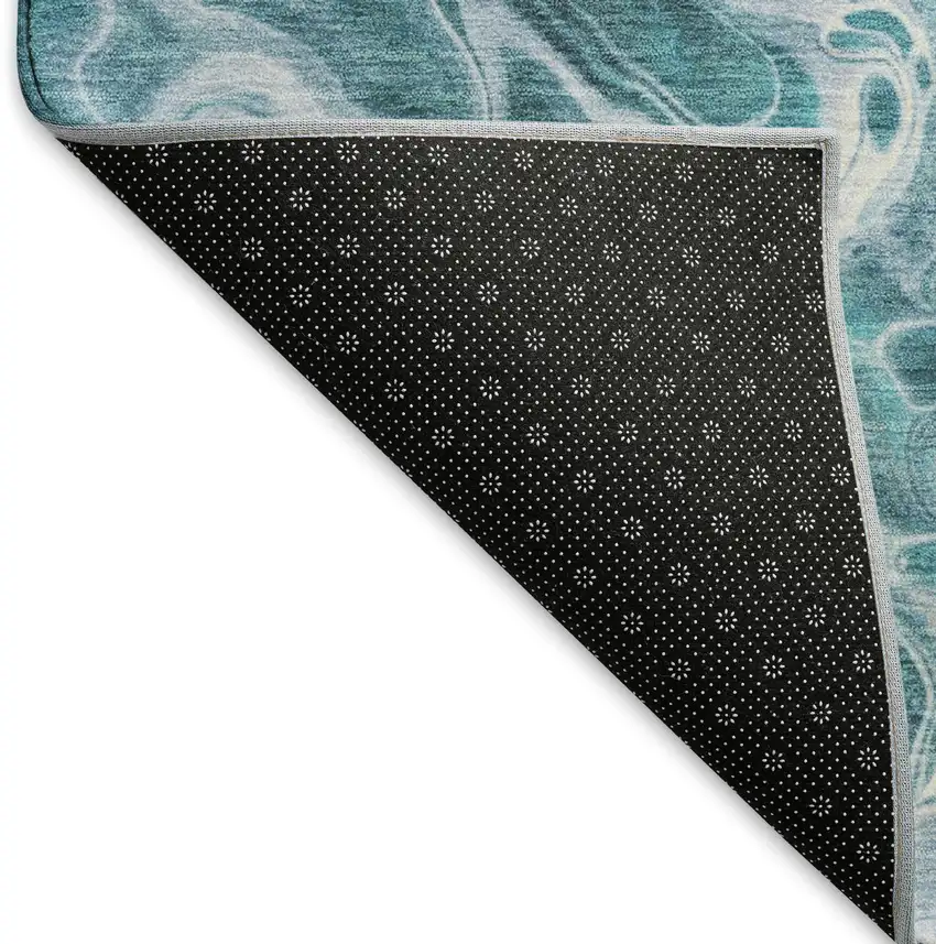 8' Teal And Ivory Abstract Washable Round Rug With UV Protection Photo 5