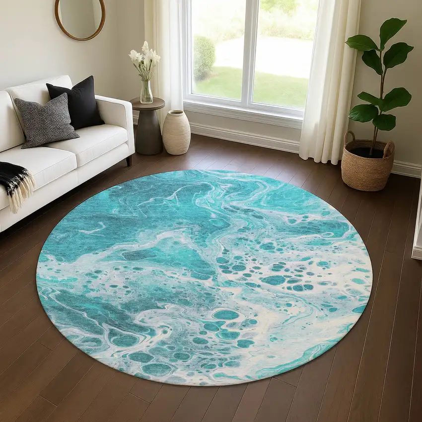8' Teal And Ivory Abstract Washable Round Rug With UV Protection Photo 4