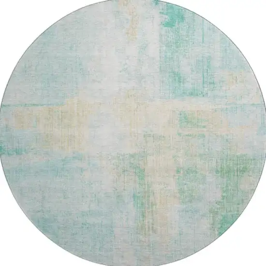 8' Teal And Ivory Abstract Washable Round Rug With UV Protection Photo 3