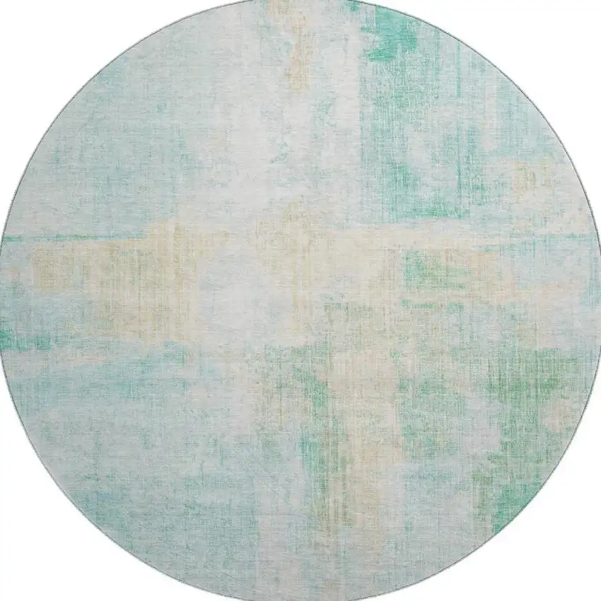 8' Teal And Ivory Abstract Washable Round Rug With UV Protection Photo 3