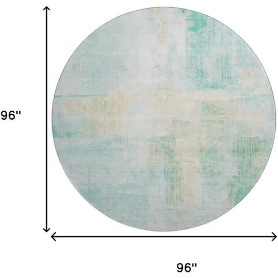 8' Teal And Ivory Abstract Washable Round Rug With UV Protection Photo 9