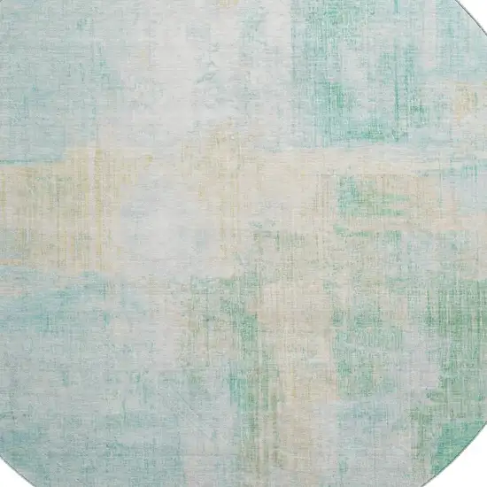 8' Teal And Ivory Abstract Washable Round Rug With UV Protection Photo 2