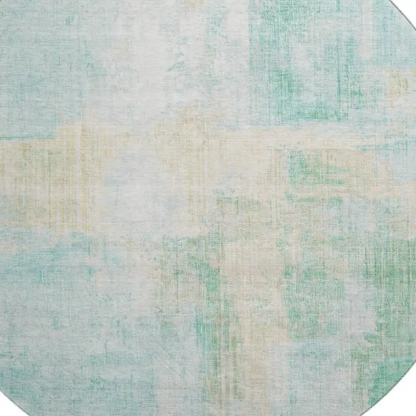 8' Teal And Ivory Abstract Washable Round Rug With UV Protection Photo 2