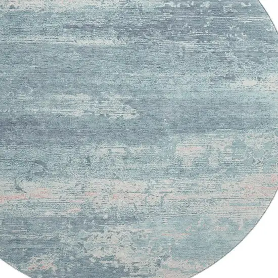 8' Teal And Ivory Abstract Washable Round Rug With UV Protection Photo 2