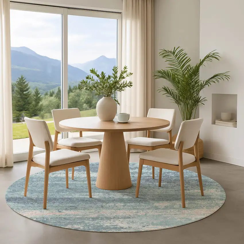 8' Teal And Ivory Abstract Washable Round Rug With UV Protection Photo 4