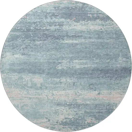 8' Teal And Ivory Abstract Washable Round Rug With UV Protection Photo 3