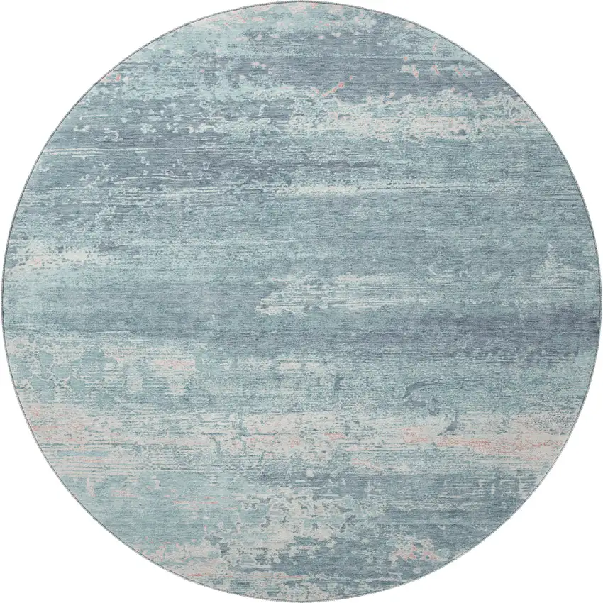 8' Teal And Ivory Abstract Washable Round Rug With UV Protection Photo 3