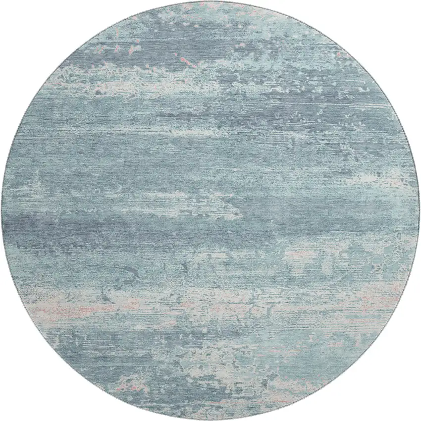 8' Teal And Ivory Abstract Washable Round Rug With UV Protection Photo 1