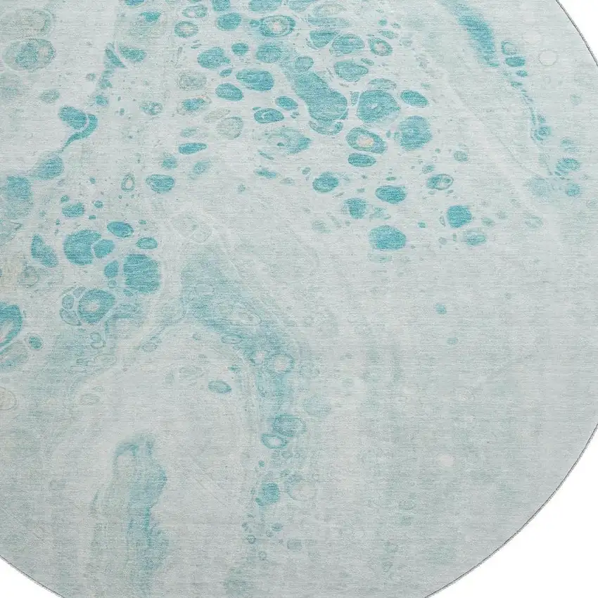 8' Teal And Ivory Abstract Washable Round Rug With UV Protection Photo 3
