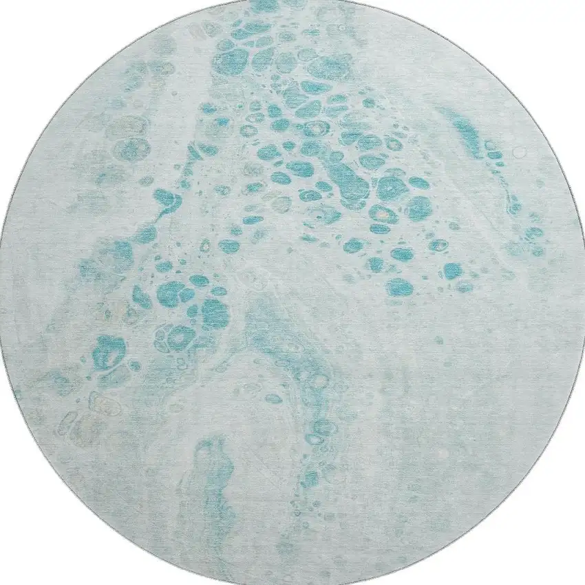 8' Teal And Ivory Abstract Washable Round Rug With UV Protection Photo 4