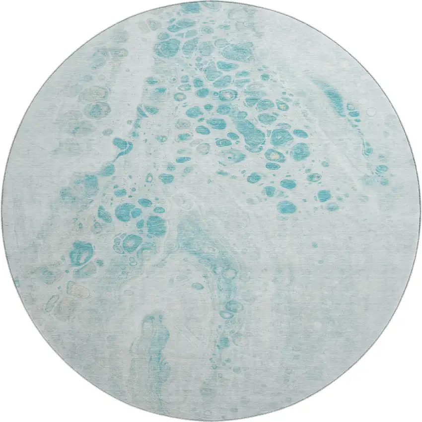 8' Teal And Ivory Abstract Washable Round Rug With UV Protection Photo 1