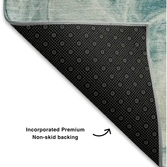 8' Teal And Ivory Abstract Washable Round Rug With UV Protection Photo 5