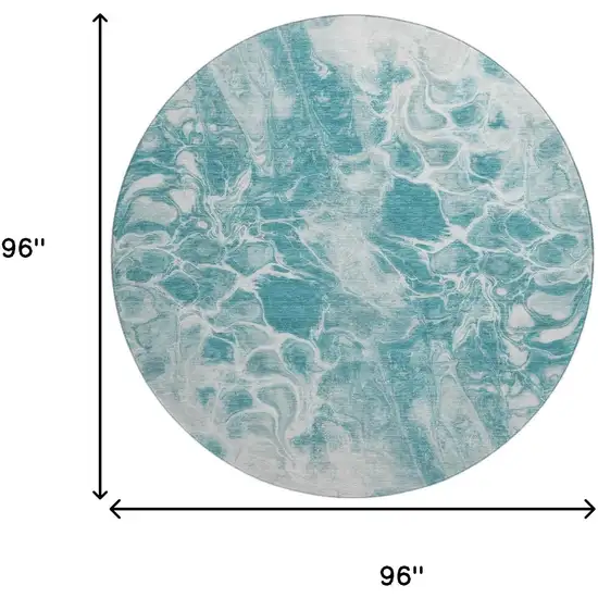 8' Teal And Ivory Abstract Washable Round Rug With UV Protection Photo 9