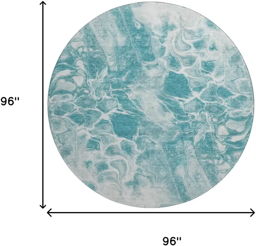 8' Teal And Ivory Abstract Washable Round Rug With UV Protection Photo 9
