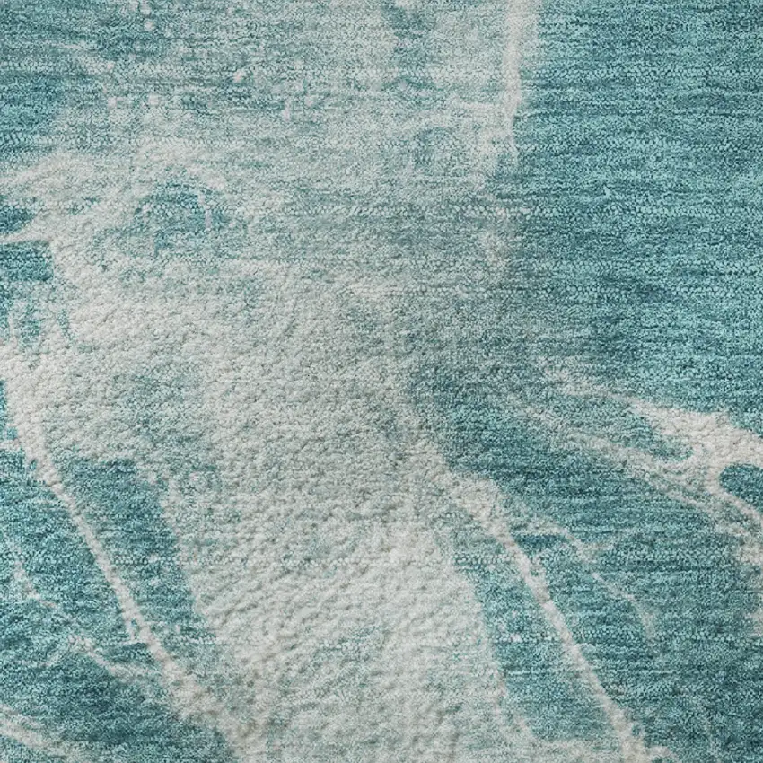 8' Teal And Ivory Abstract Washable Round Rug With UV Protection Photo 8