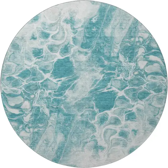 8' Teal And Ivory Abstract Washable Round Rug With UV Protection Photo 3